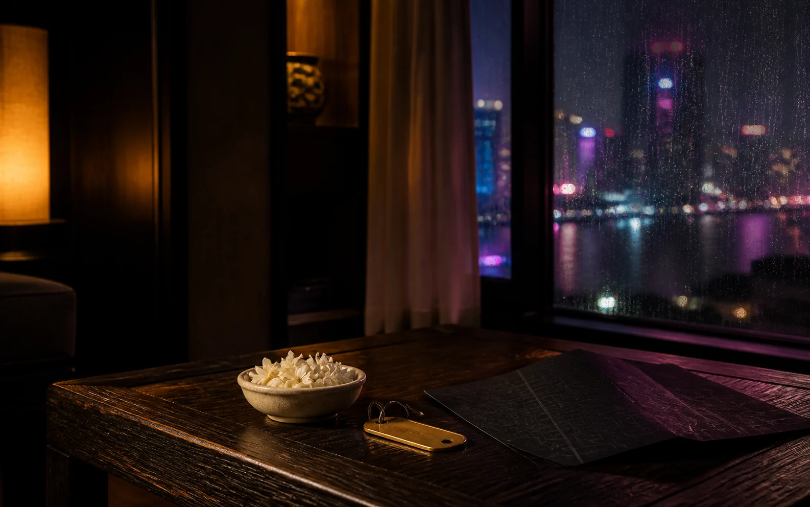 Jasmine bowl, brass key tag and folded city map by a rain-covered night window
